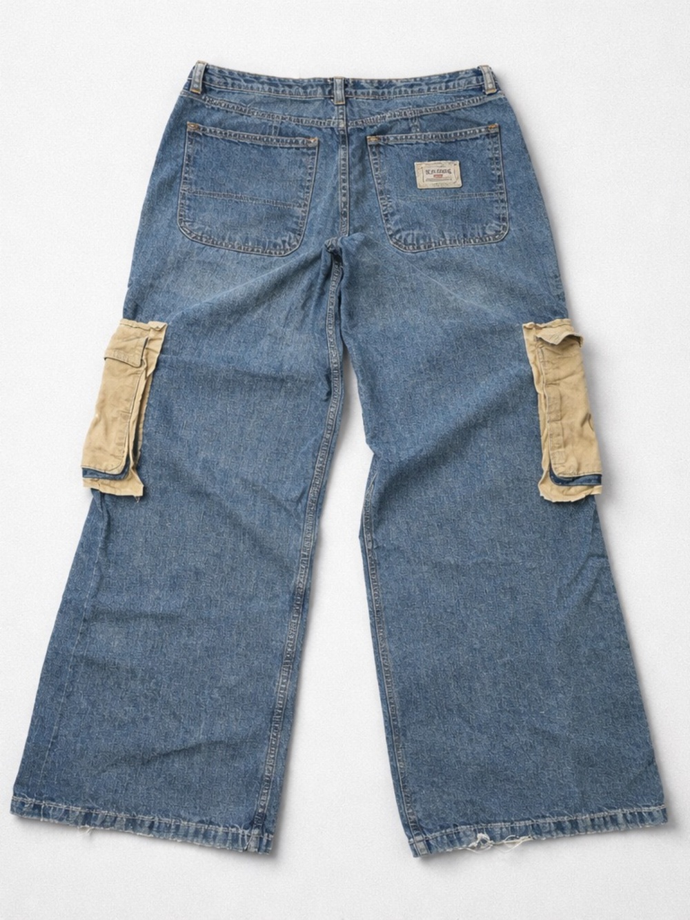 BDG Wide Leg Cargo Jeans in Blue with Tan Patch Pockets - Picture 2 of 11